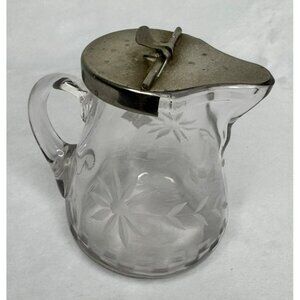 Vintage Glass Syrup Pitcher With Etched Floral Design & Hinged Metal Lid